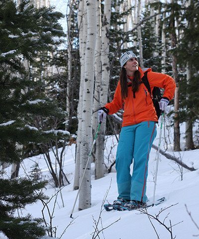 White Pine Touring snowshoe guide, Victoria Ritzinger, breaks trail in between switchbacks on Rob's Trail in Park City, Utah. Photo by Kim Fuller