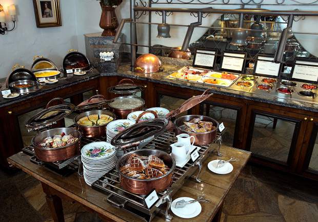 The buffet on Ludwig's Terrace at the Sonnenalp is strewn with regional specialties such as German cold cuts and muesli, as well as American favorites like waffles and French toast.
